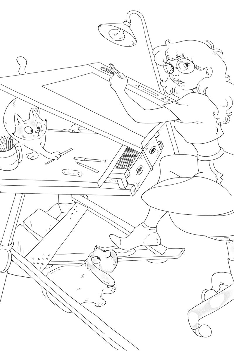 Hand-drawn illustration of artist Syd Stroud working at a drawing table in her California studio